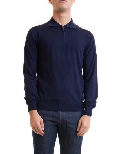 Brioni Wool Pullover With Polo Collar And Zip In Blue