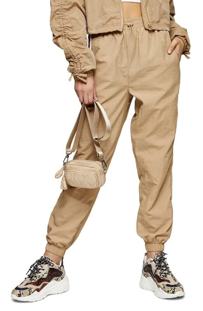 Topshop Nylon Jogger Pants In Beige