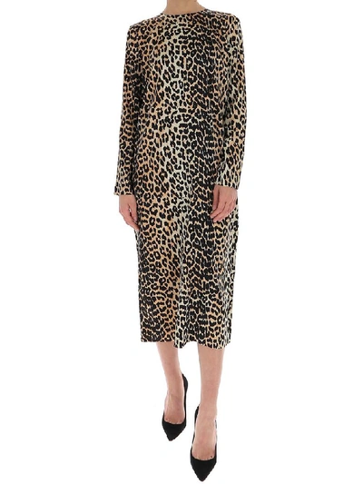 Ganni Leopard-print Silk Midi-dress In Brown