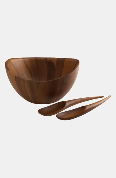 Nambe Portables Wood Salad Bowl With Servers In Brown