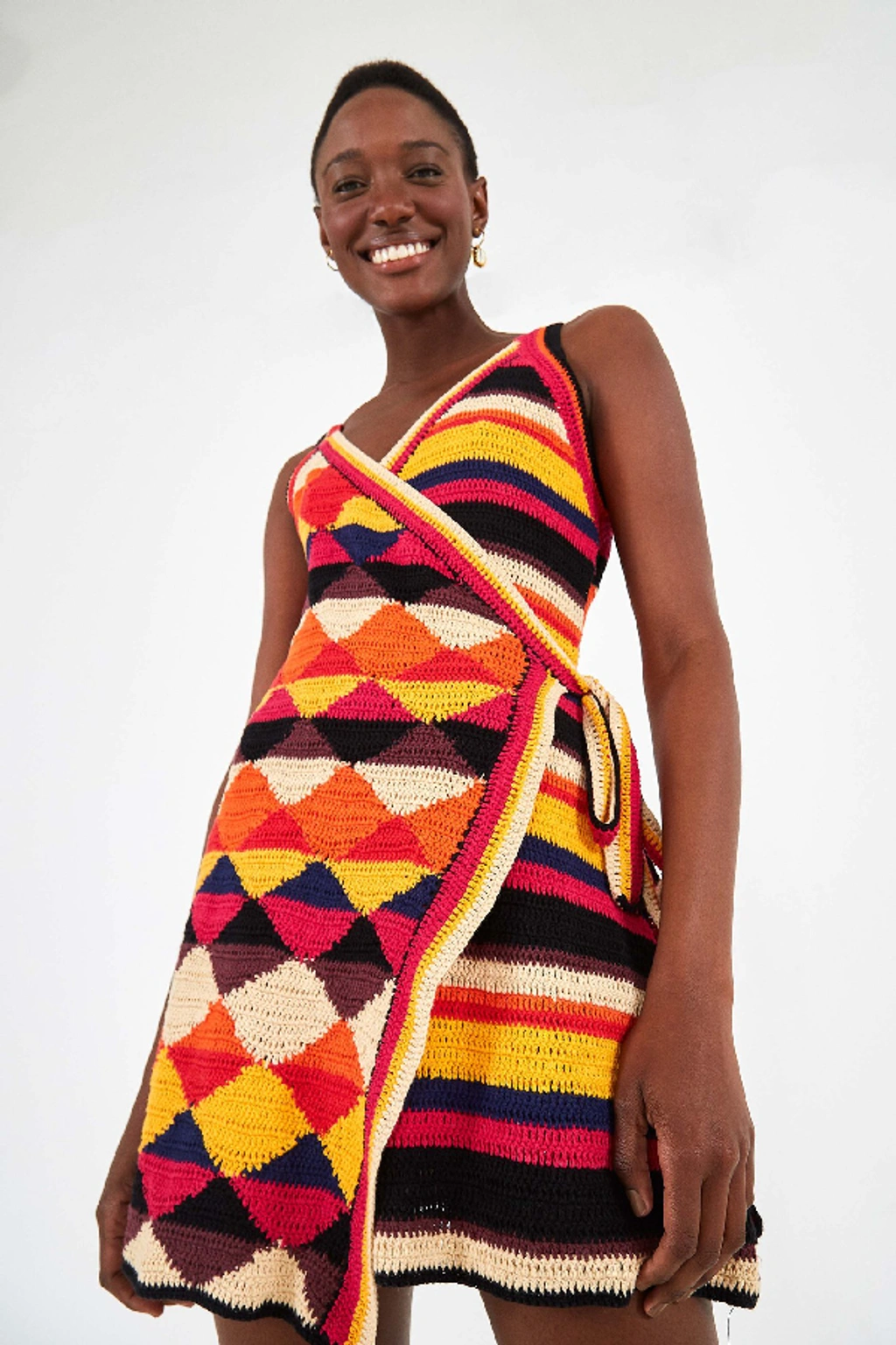 farm rio crochet wrap dress FARM Rio Orange and Pink Crochet Wrap Mini