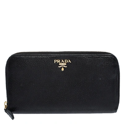 Pre-owned Prada Black Vitello Daino Leather Zip Around Wallet