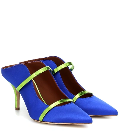 Malone Souliers Maureen 70 Metallic Leather-trimmed Satin Mules In Blue