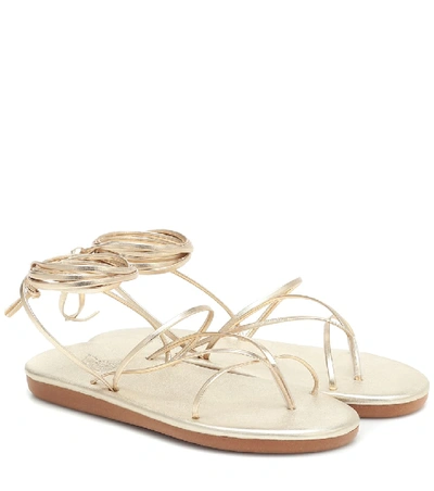 Ancient Greek Sandals String Metallic Leather Sandals In Platinum
