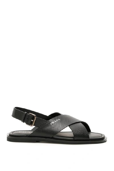 Prada Cross-strap Saffiano-leather Sandals In Black