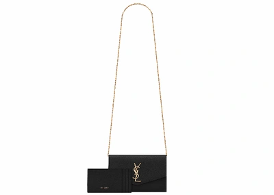 Pre-owned Saint Laurent Uptown Chain Wallet Grain De Poudre Black