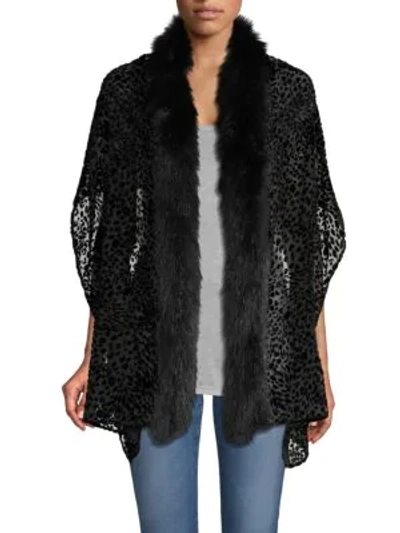 Adrienne Landau Fox Fur-trim Burnout Silk Velvet Stole In Black Leopard