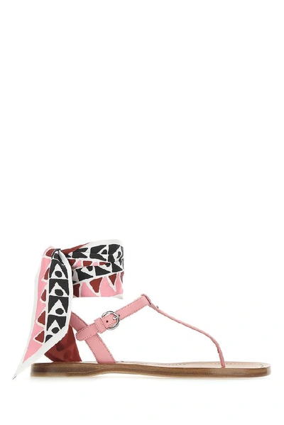 Prada Flat Saffiano Leather Thong Sandals With Scarf Tie In Pink/ Red