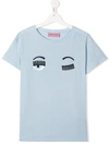 Chiara Ferragni Teen Wink Embroidered T-shirt In Cielo