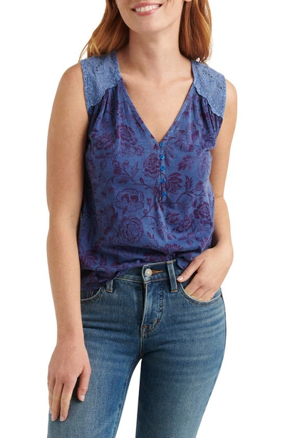 Lucky Brand Printed Henley Tank Top In Navy Multi