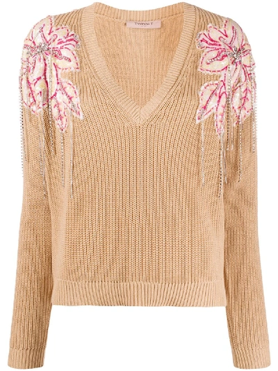 Twinset Knitted Flower Embellished Jumper In Neutrals