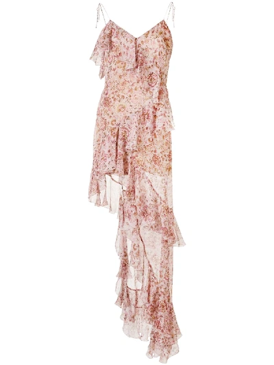 Raquel Diniz Stella Asymmetric Ruffled Floral-print Silk-chiffon Dress In Pink