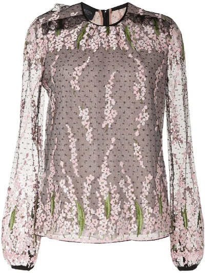 Giambattista Valli Floral-embroidered Sheer Blouse In Black