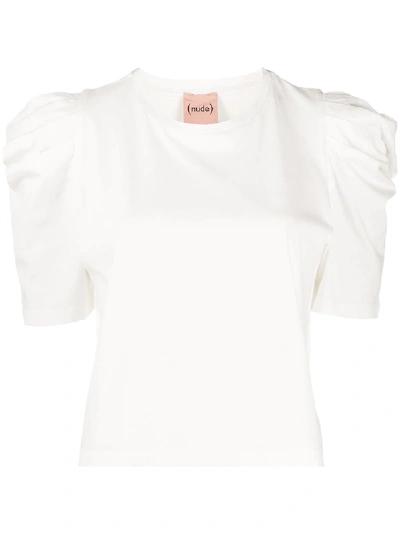 Nude Mutton-sleeved Crew Neck T-shirt In White