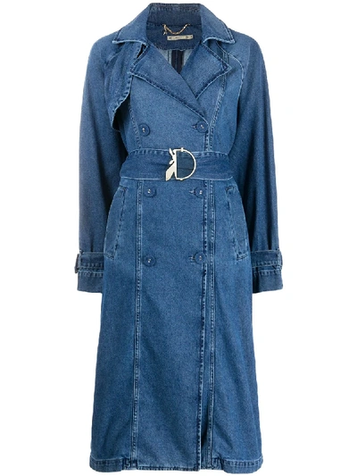 Patrizia Pepe Belted Denim Trench Coat In Blue