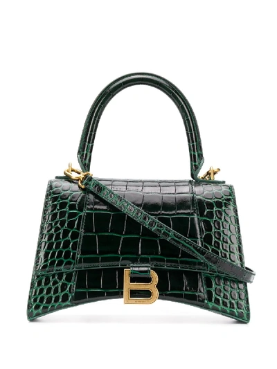 Balenciaga Hourglass Small Glossed Croc-effect Leather Tote In Forest Green