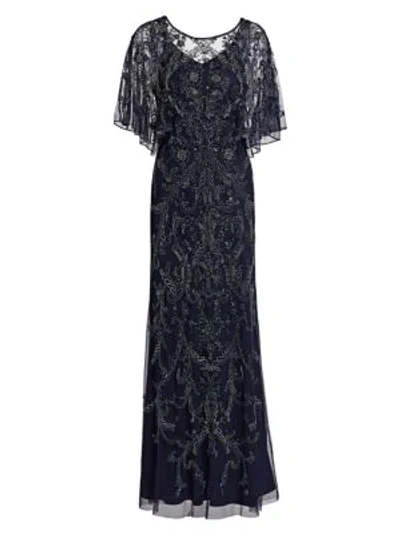 Aidan Mattox Embroidered Flutter-sleeve Gown In Twilight
