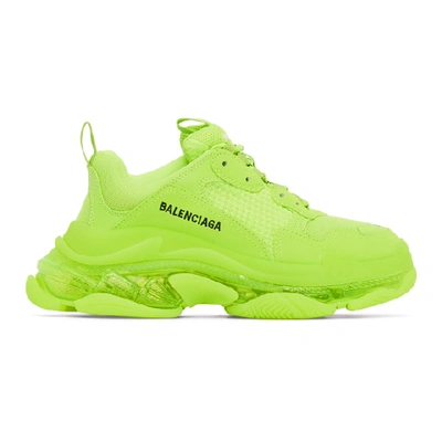 Balenciaga Triple S Clear Sole 品牌标志刺绣人造皮革海绵材质网眼运动鞋 In Neon Yellow