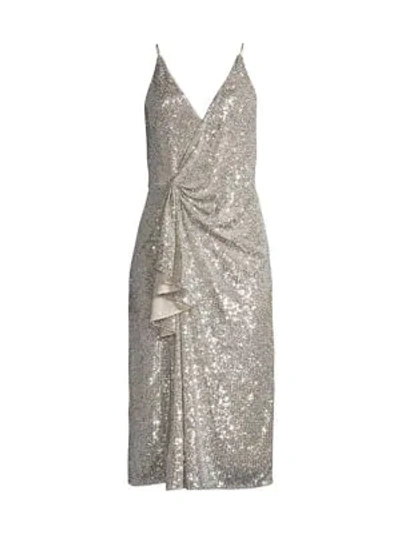 Aidan Mattox Draped Sequin Spaghetti-strap Dress W/ Gathered Side In Champagne/silver