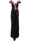 MARCHESA FLORAL APPLIQUÉ SATIN EVENING GOWN