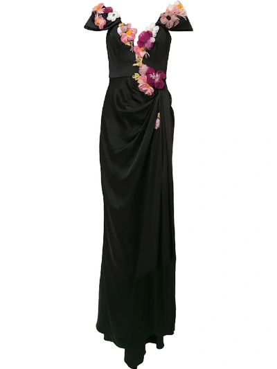 Marchesa Off-the-shoulder Floral Appliqué Duchess Satin Gown In Black