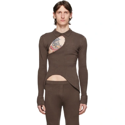 Ludovic De Saint Sernin Cutout Point-collar Knitted Polo Shirt In Dark Chocolate