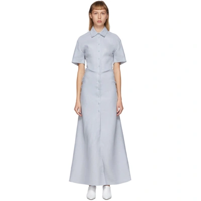 Off-white Ruched Linen-blend Maxi Shirt Dress In Light Blue