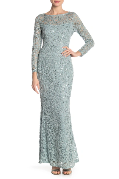 Marina Sequin Lace Long Sleeve Gown In Sage