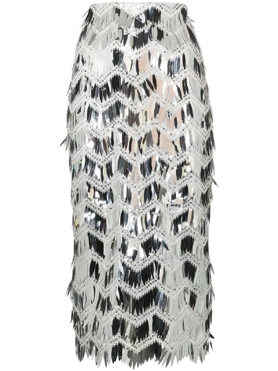 Anouki Metallic Fringed Sequin Pencil Skirt In Silver