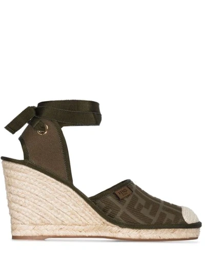 Fendi Ff Logo Ankle-wrap Wedge Espadrilles In Green