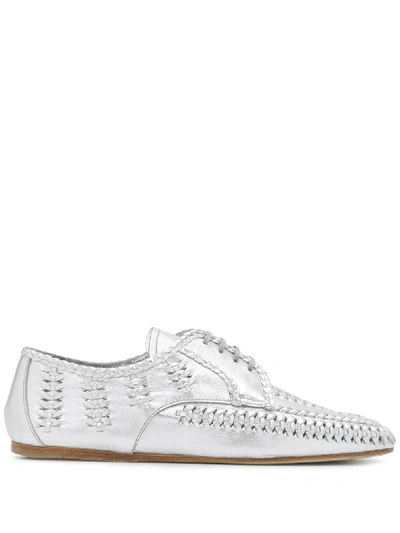 Prada Metallic Leather Laced Shoes In Silber
