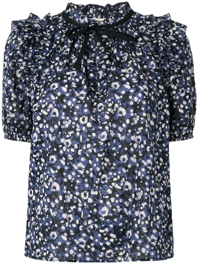 Ulla Johnson Floral Short-sleeve Blouse In Blue