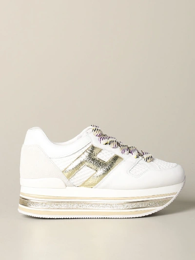 Hogan 516 Maxi Platform Sneakers In Leather And Mesh With Big H Laminate And Glitter Piping In White 1