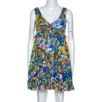 Pre-owned Dolce & Gabbana Multicolor Floral Printed Silk Ruffle Detail Dress M