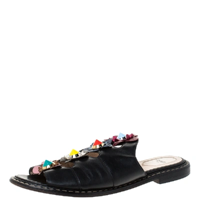 Pre-owned Fendi Black Leather Flowerland Slide Sandals Size 39