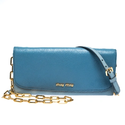 Pre-owned Miu Miu Blue Leather Flap Wallet On Chain