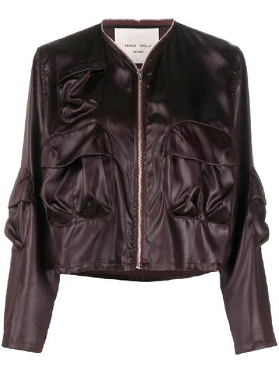 Frankie Morello Wet Look Bomber Jacket In Brown