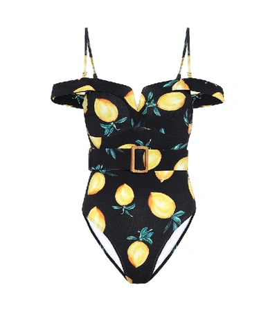 Alexandra Miro Lola Printed Off-shoulder Swimsuit In Black