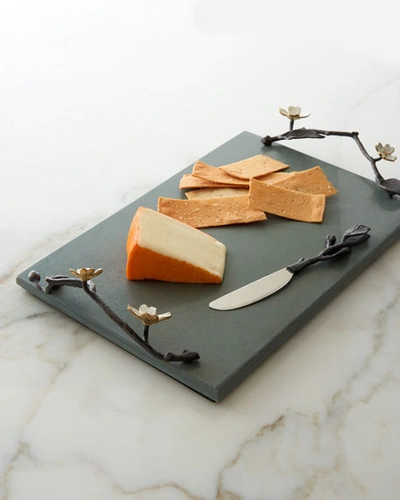 Michael Aram Dogwood Cheese Board With Knife In Brass/limestone