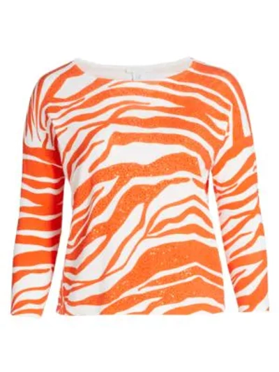 Joan Vass, Plus Size Sequin Animal Sweater In Orange