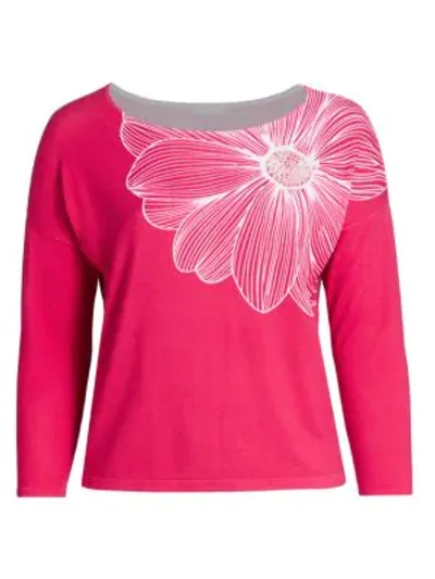 Joan Vass, Plus Size Floral Inatrsia Sweater In Azalea