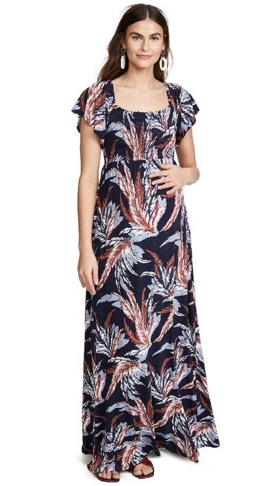 Ingrid & Isabel Maternity Smocked Off-the-shoulder Maxi Dress In Navy Feathers