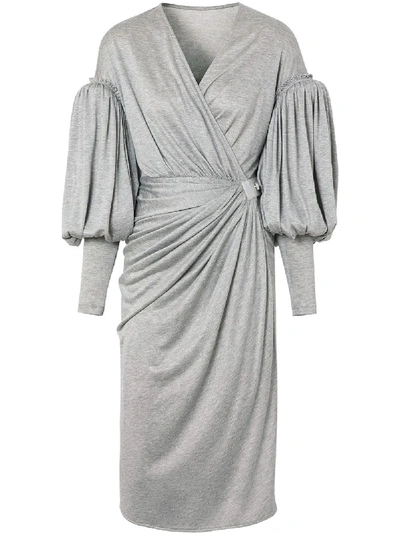 Burberry Draped-front Balloon-sleeve Jersey Dress In Pewter Melange