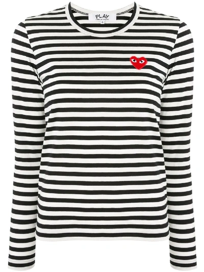 Comme Des Garçons Play Navy & White Striped Small Heart Patch T-shirt In Black