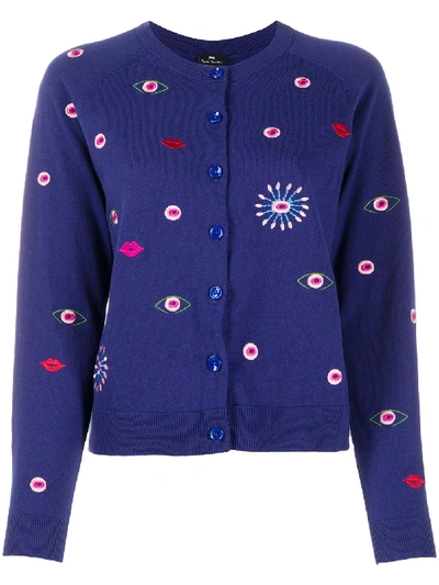 Ps By Paul Smith Embroidered Fitted Cardigan In Blue
