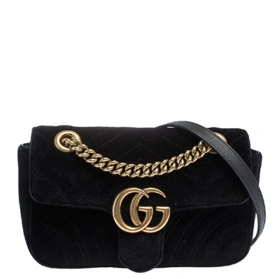 Pre-owned Gucci Black Matelasse Velvet Mini Gg Marmont Shoulder Bag