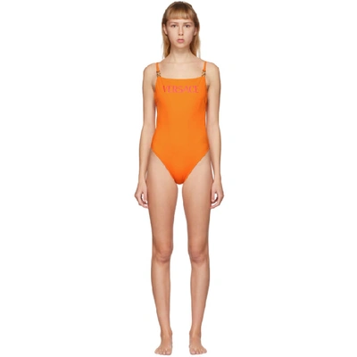 Versace Embellished Printed Swimsuit In Orange