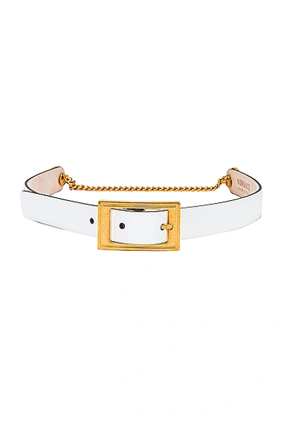 Versace Leather Buckle Belt In White & Gold