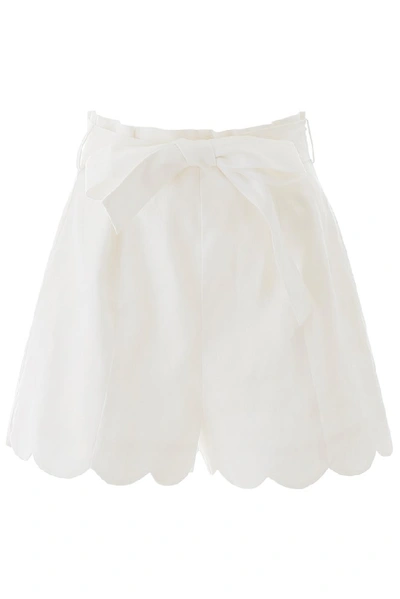 Zimmermann Zinnia Scalloped-hem High-rise Linen Shorts In White