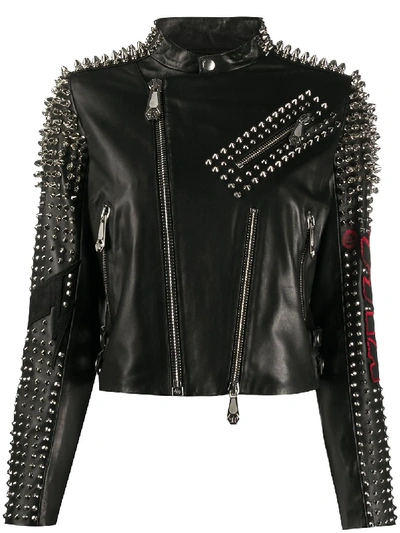 Philipp Plein Kiss-print Spike-stud Biker Jacket In Black